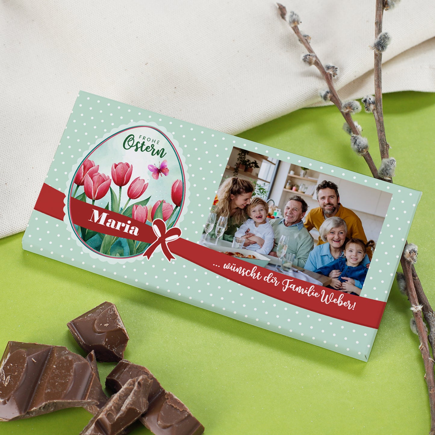 Osterschokolade mit Foto, Wunschtext & Name | Tulpenmotiv