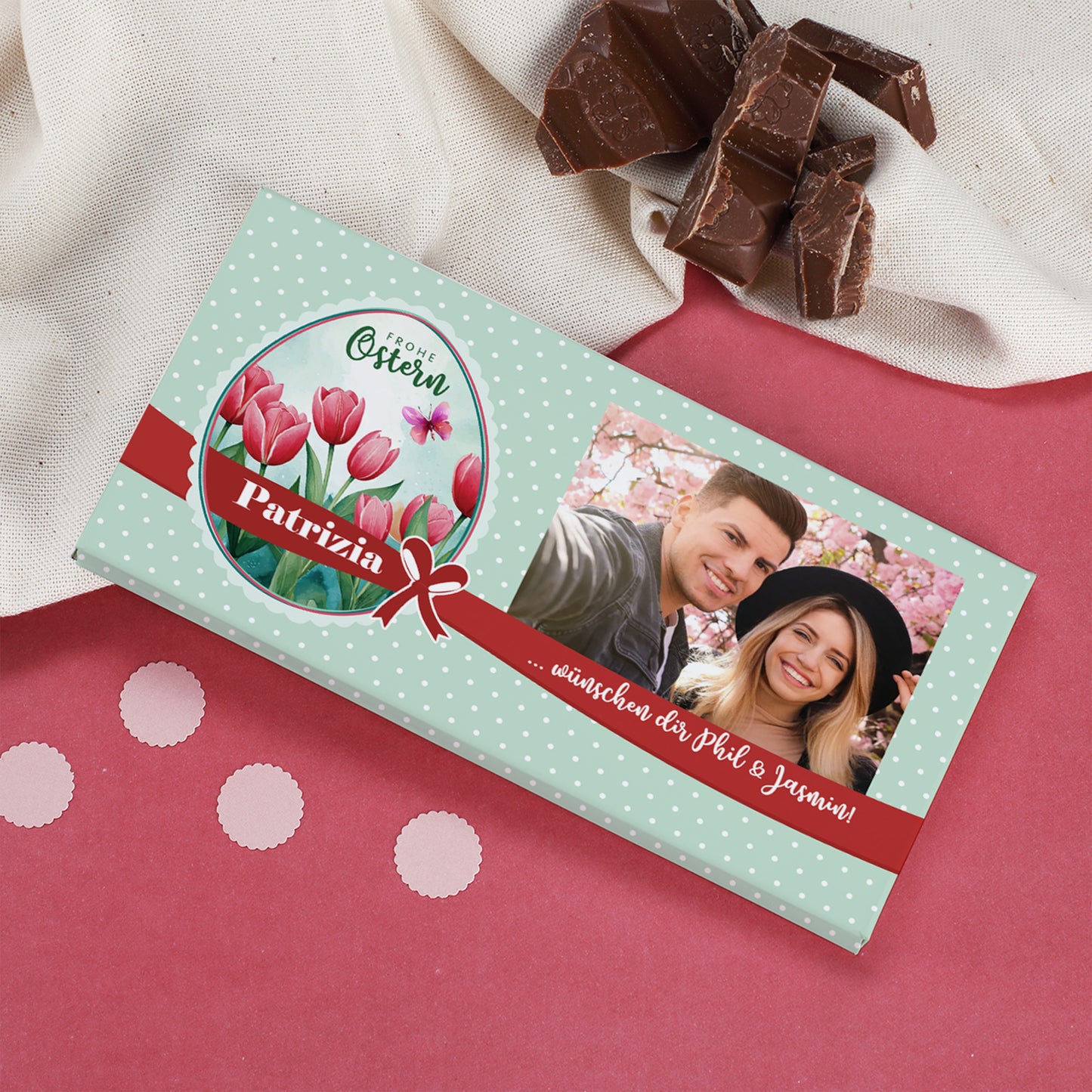 Osterschokolade mit Foto, Wunschtext & Name | Tulpenmotiv