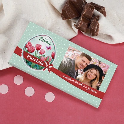 Osterschokolade mit Foto, Wunschtext & Name | Tulpenmotiv