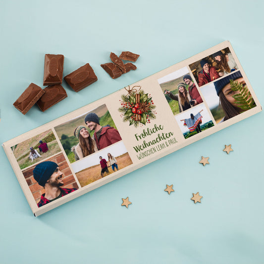 Personalisierte XL Foto Schokolade mit 8 Fotos, Weihnachtsmotiv und Wunschtext