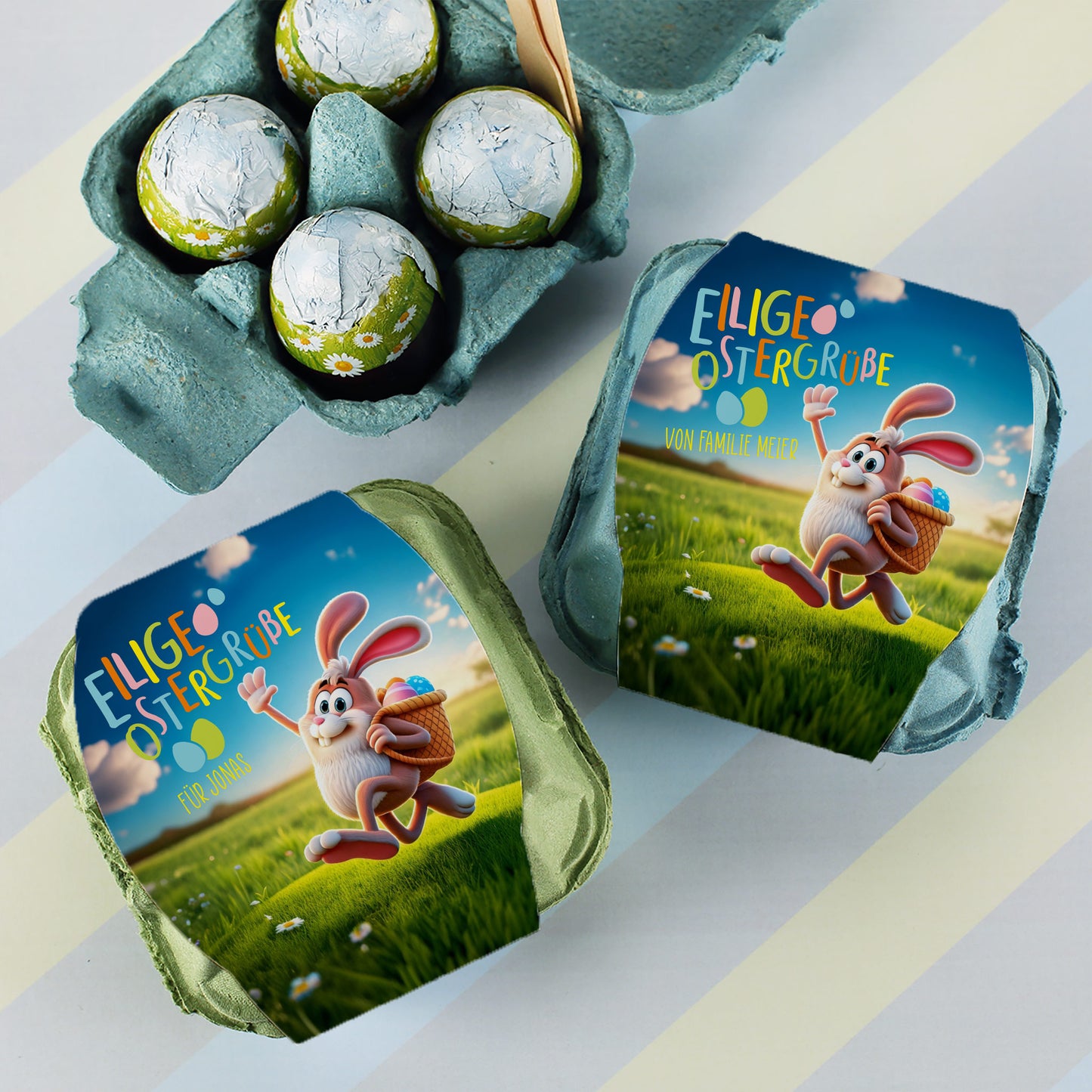 Schokoeier "Eilige Ostergrüße" in personalisiertem Eierkarton mit Wunschtext | 4 Löffeleier