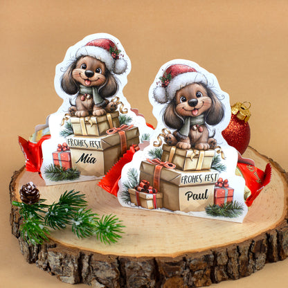 Zwei personalisierte Mini Stollen mit Dackel Motiv und Namen Mia und Paul