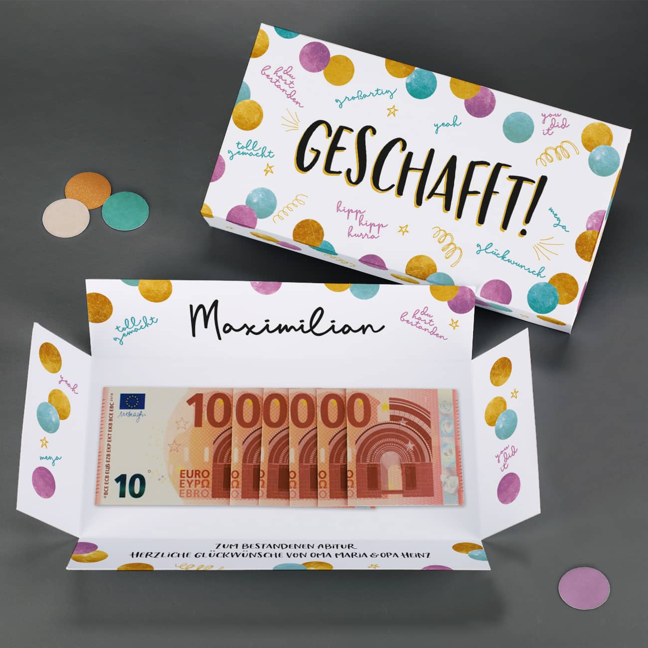 Geschafft! - Überraschungsbox für Geldgeschenke zum Abitur mit Name und Wunschtext