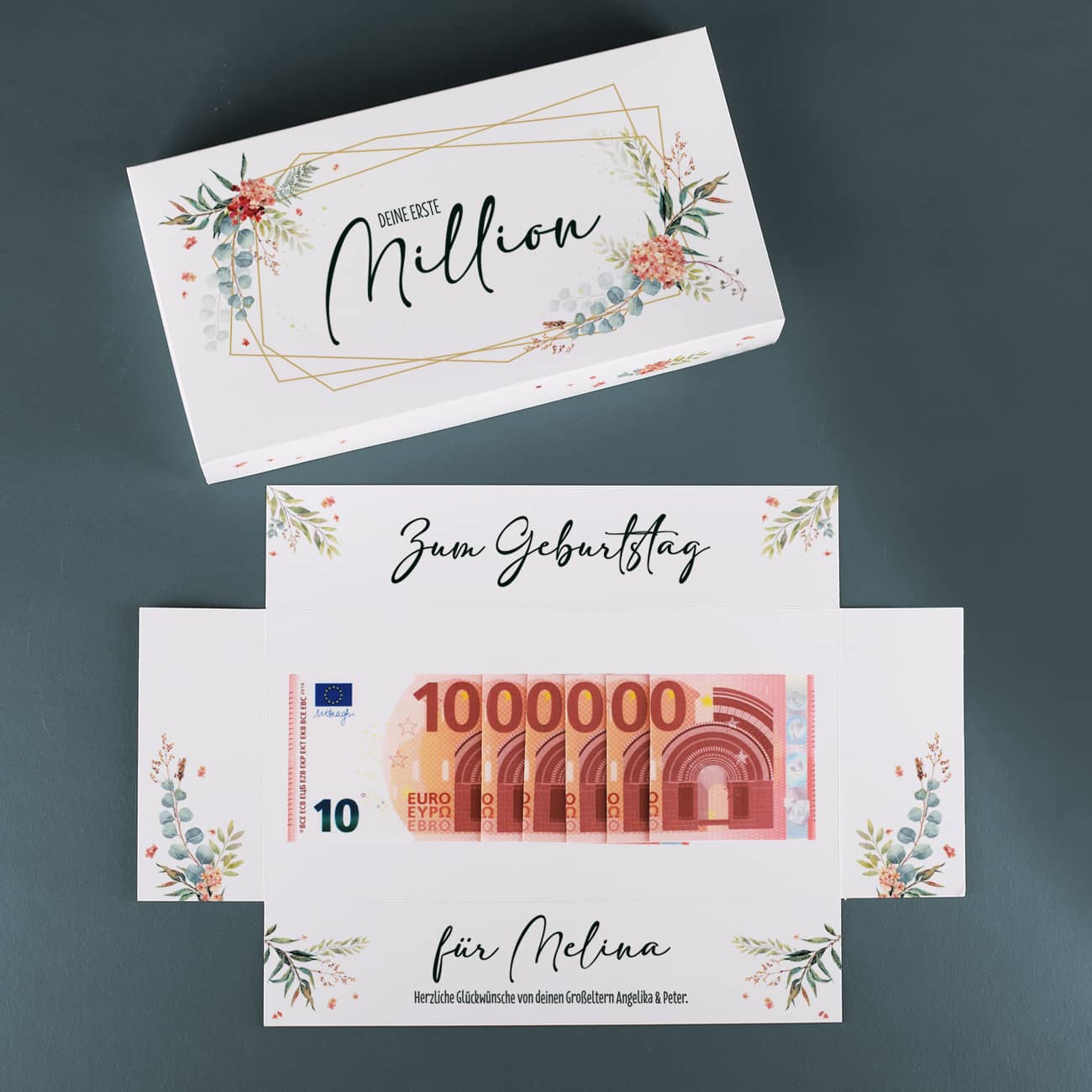 Erste Million - Explosionsbox für Geldgeschenke zum Geburtstag mit Name und Text