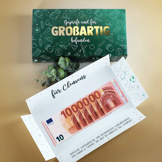 Geprüft und für großartig befunden. - Geldgeschenk zum Abi & Schulabschluss - Box mit Goldprägung