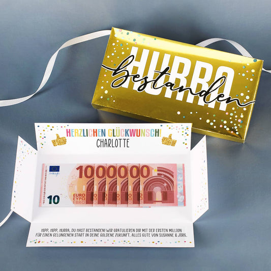 HURRA bestanden! - Goldbox für Geldgeschenke zum Abi, Schulabschluss & mehr