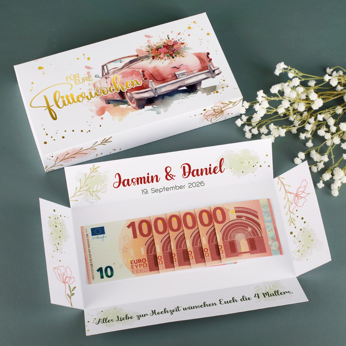 Geldgeschenk zur Hochzeit - persönliche Geschenkbox mit Goldfolie veredelt