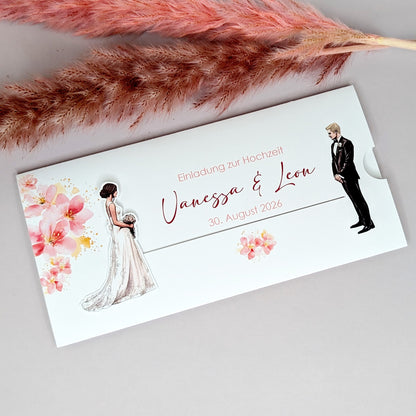 Hochzeitseinladung - Ziehkarte mit Brautpaar und rosa Blumen (Motiv 4)
