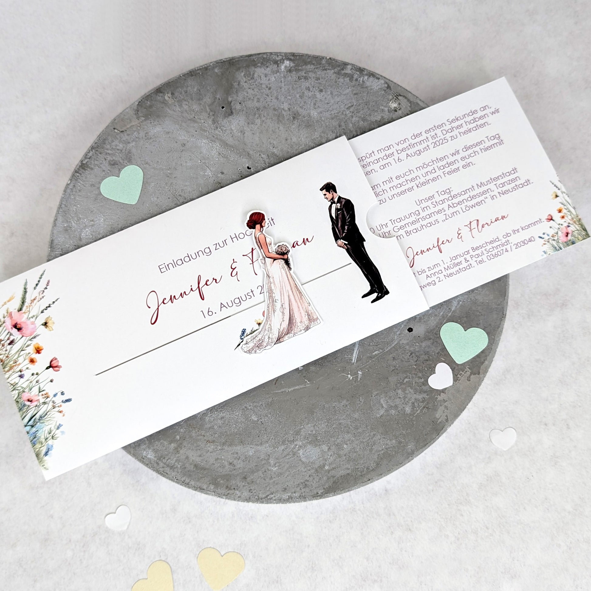 Einladung zur Hochzeit - Ziehkarte mit Brautpaar und Wiesenblumen (Motiv 5)