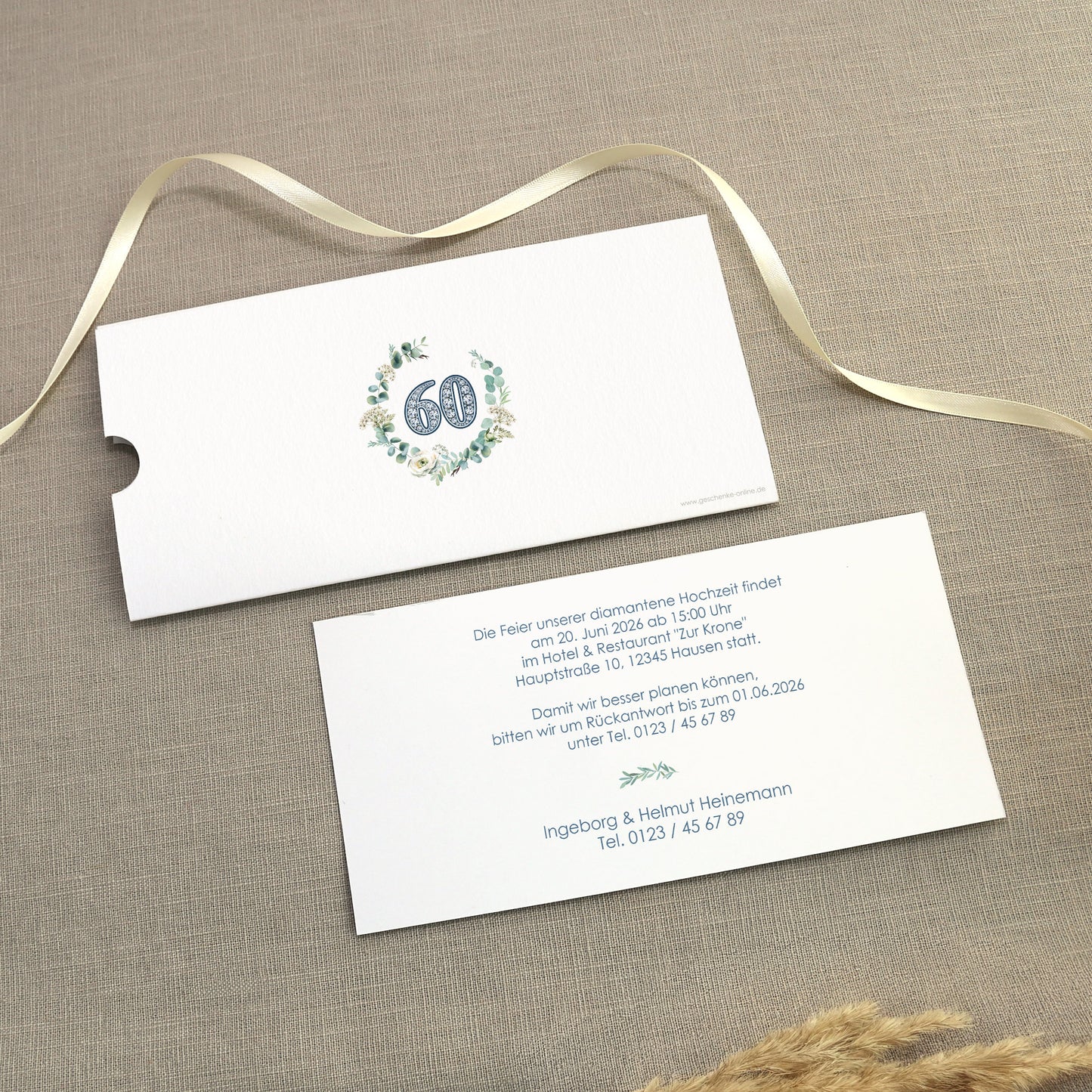 Hochzeitseinladung - Ziehkarte mit zwei Fotos zur Diamantenen Hochzeit mit Wunschdaten