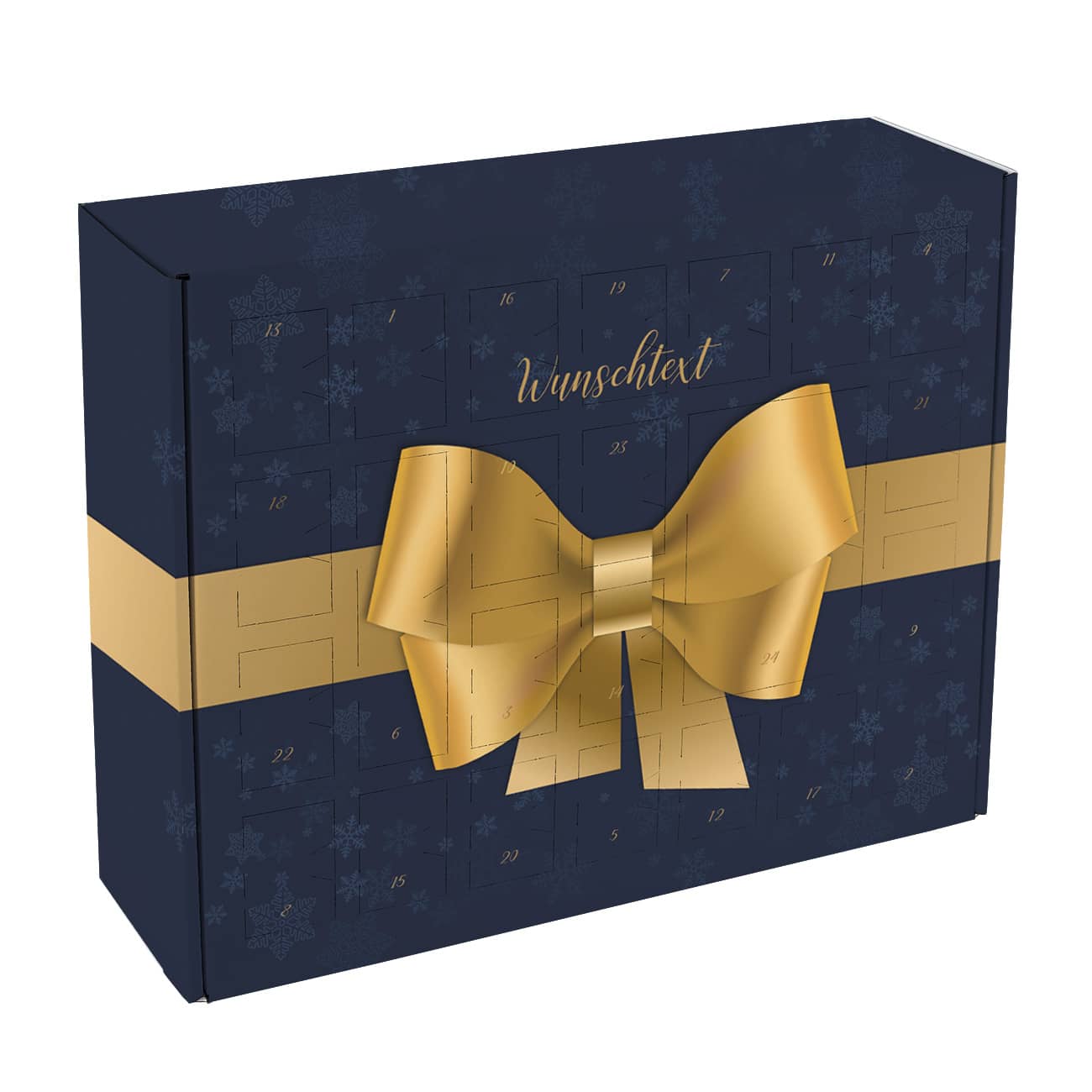 Adventskalender in blau mit goldener Schleife