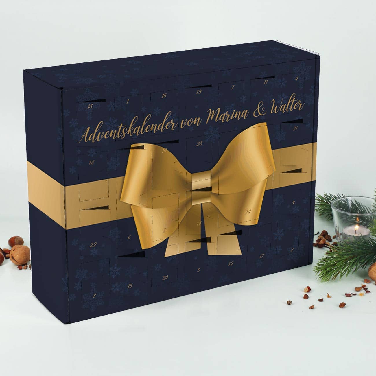 Adventskalender mit großer Schleife und Ihrem Wunschtext