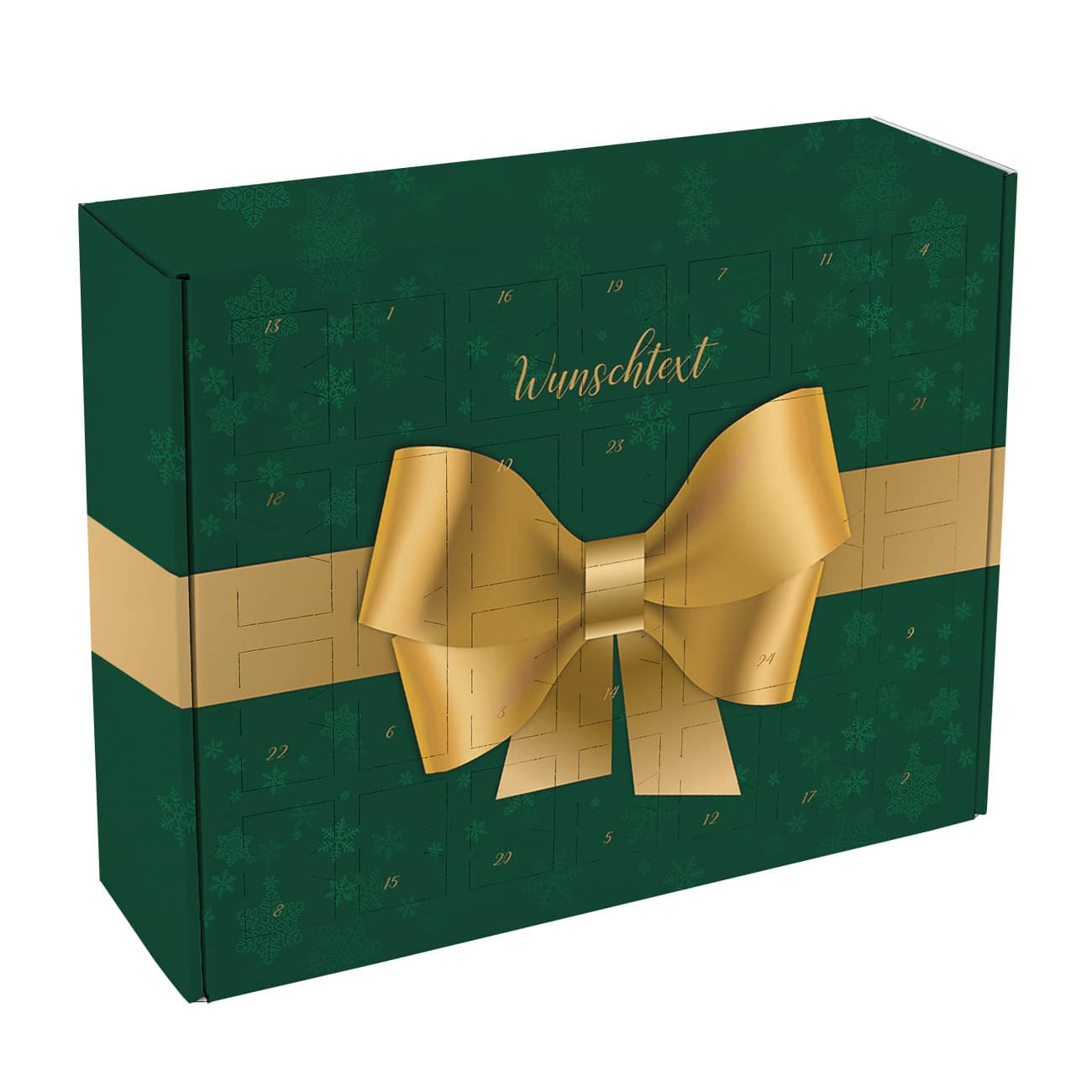 Adventskalender in grün mit goldener Schleife
