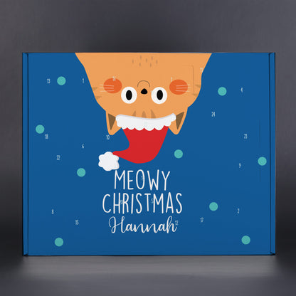 Adventskalender Meowy Christmas mit Katzenmotiv und Name Hannah auf blauem Hintergrund