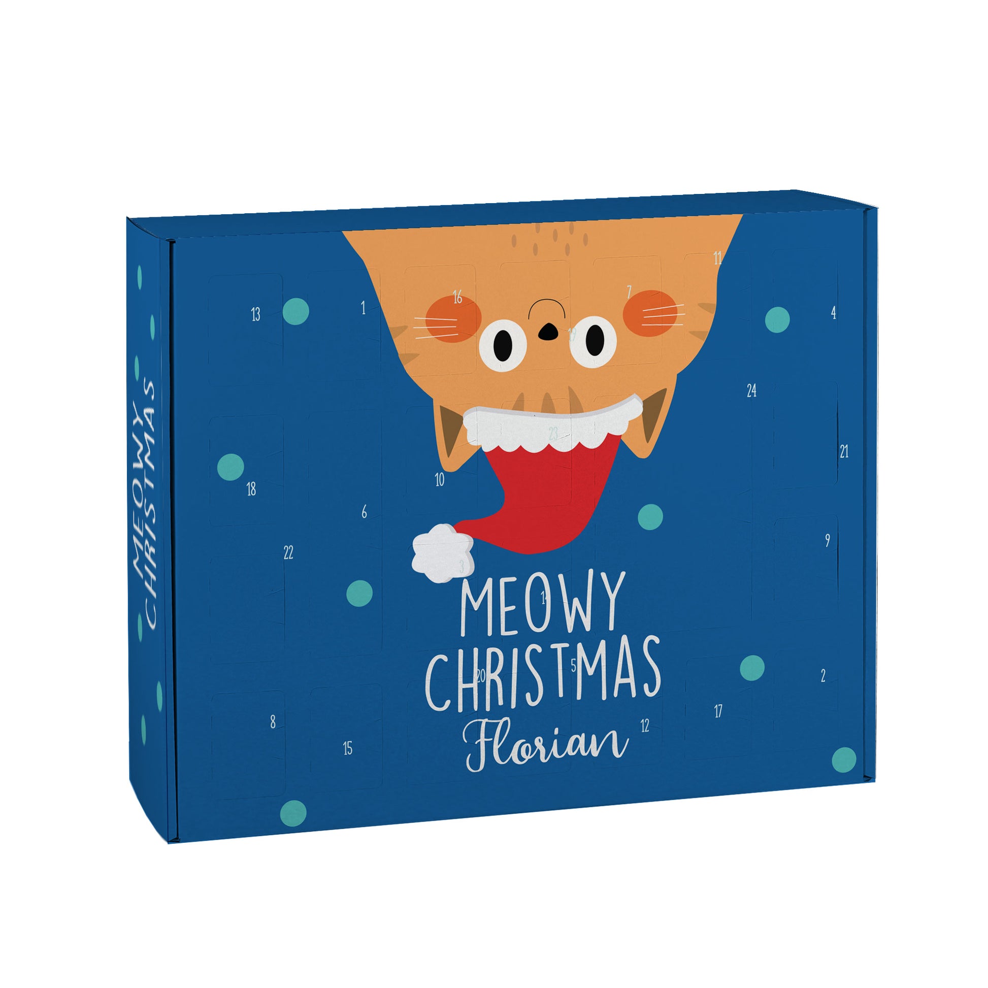 Freigestellter Adventskalender Meowy Christmas mit Katzenmotiv und Name Florian