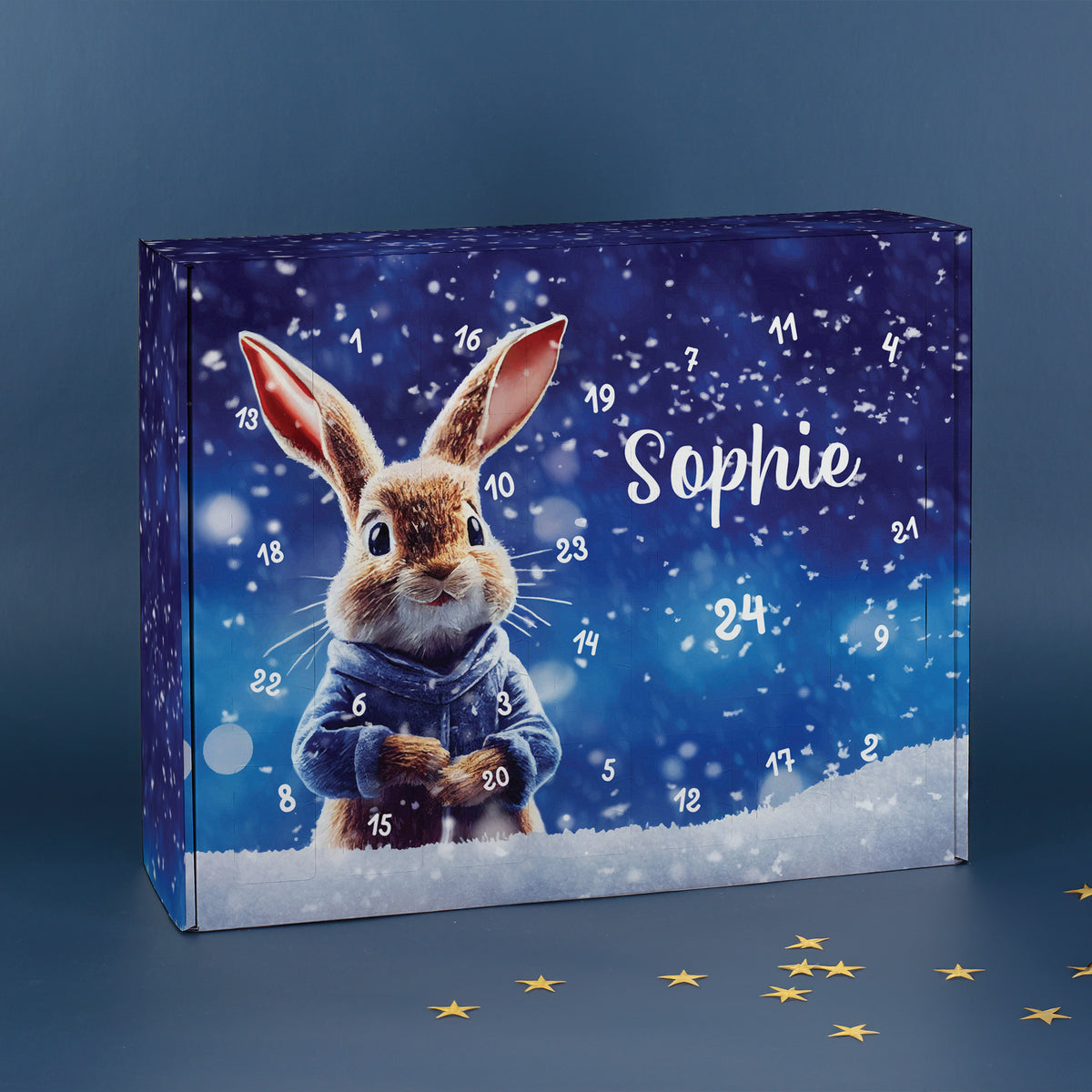 Adventskalender mit Name Sophie personalisiert und winterlichem Hasen Motiv in Blau