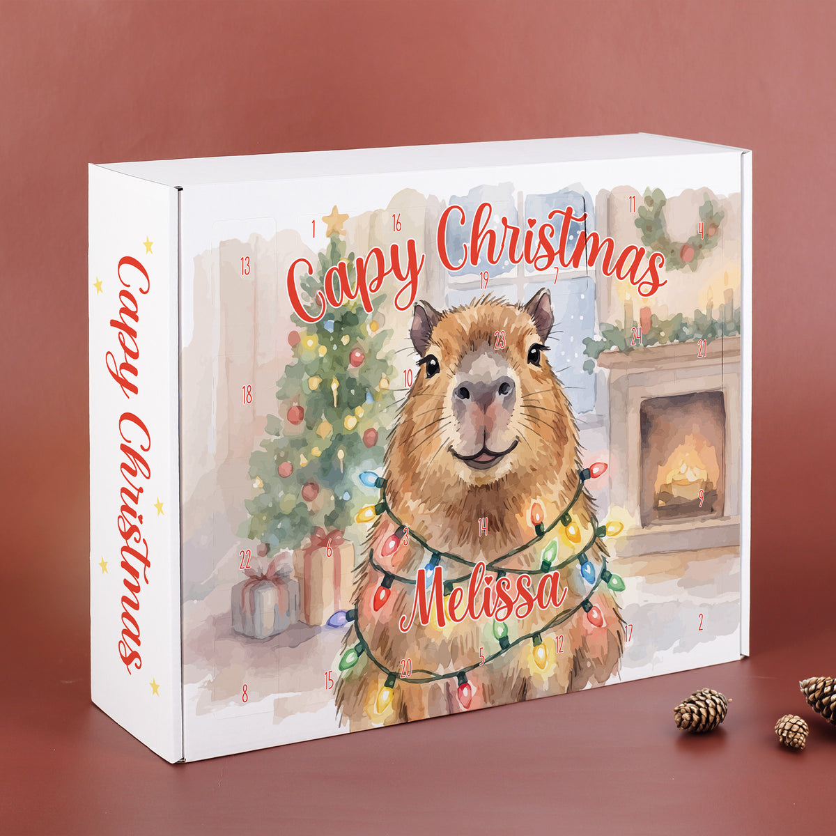 Personalisierter Capybara Adventskalender mit Name Melissa und weihnachtlicher Lichterkette