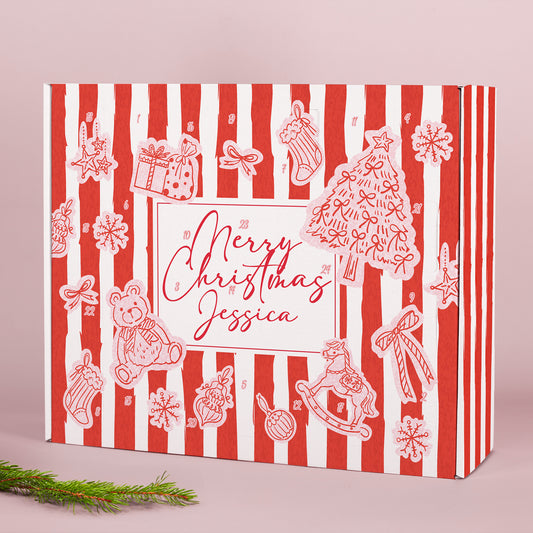Personalisierter Adventskalender mit Name und Merry Christmas Motiv in Rot und Weiß zum Selbstbefüllen