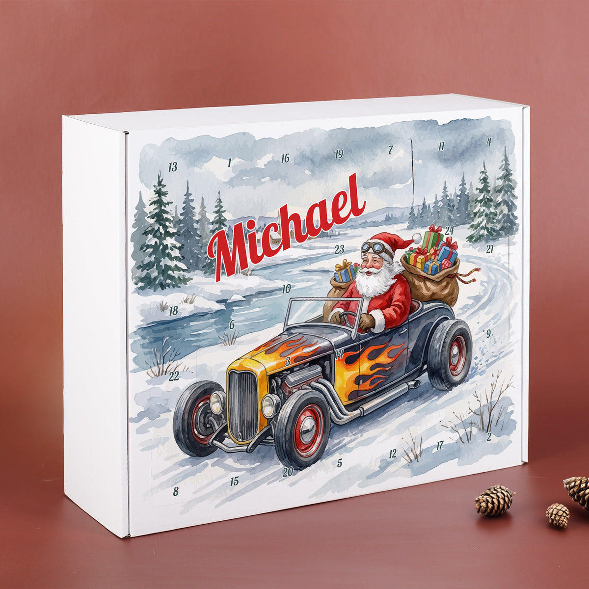 DIY Adventskalender mit Name Michael personalisiert und Weihnachtsmann im Hot Rod zum Befüllen