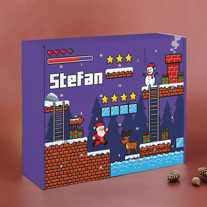 Adventskalender mit Name Stefan und Weihnachtsmotiv im 8-Bit Pixel-Art-Stil zum Befüllen