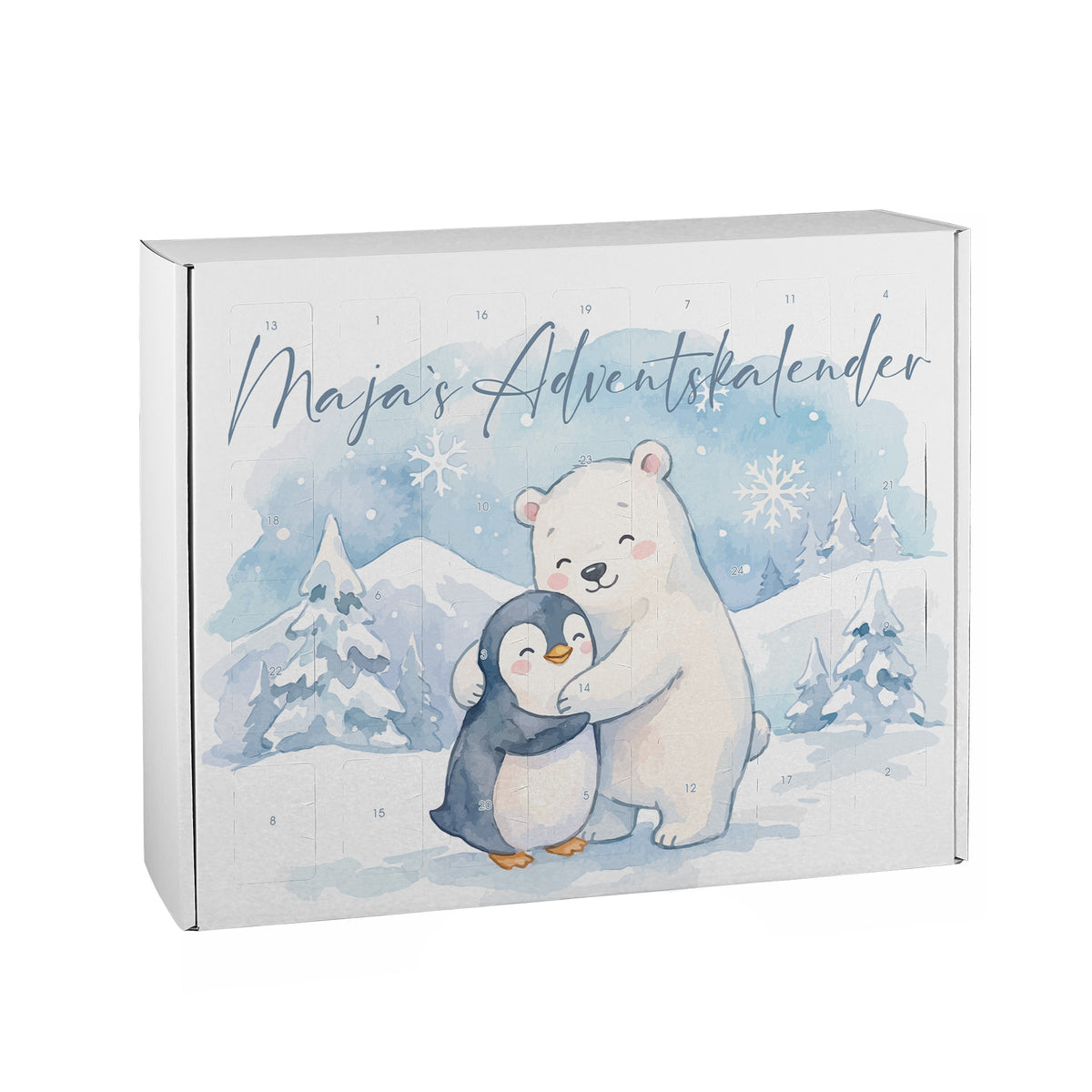 Personalisierter Adventskalender mit Eisbär & Pinguin Motiv und Wunschtext für Kinder