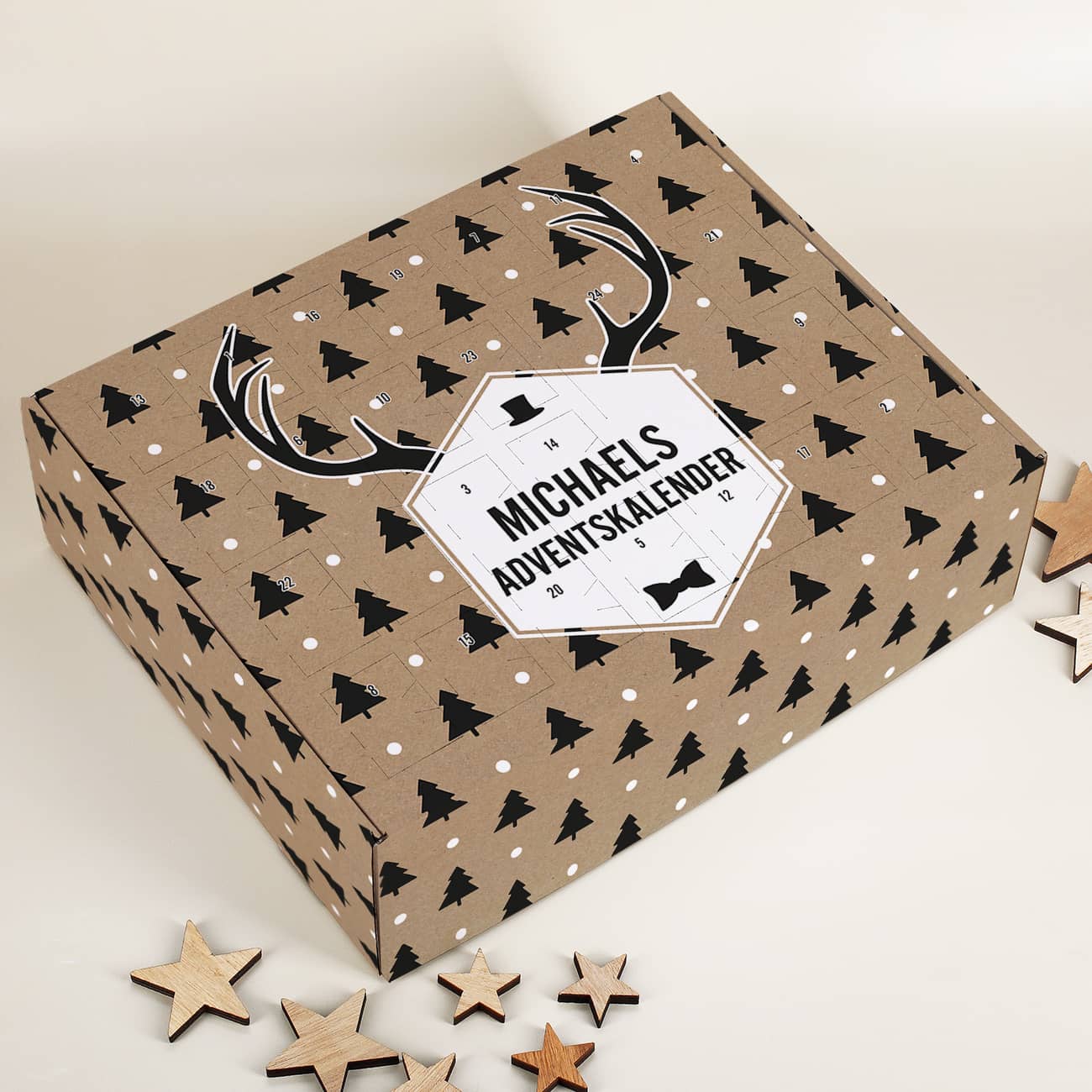 Adventskalender zum Befüllen mit Hirschgeweih und Ihrem Wunschnamen