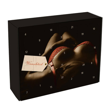 Ihr Wunschtext wird zusammen mit einer halbnackten Frau in roter Unterwäsche auf den scharfen Adventskalender für Männer gedruckt