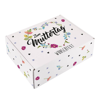 Kleine Geschenkverpackung zum Muttertag mit Blumenaufdruck und Wunschtext