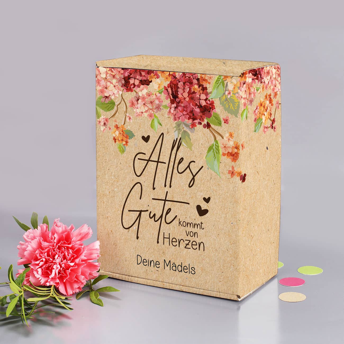 Alles Gute kommt von Herzen - Geschenkschachtel mit Hortensienblüten und kurzen Text