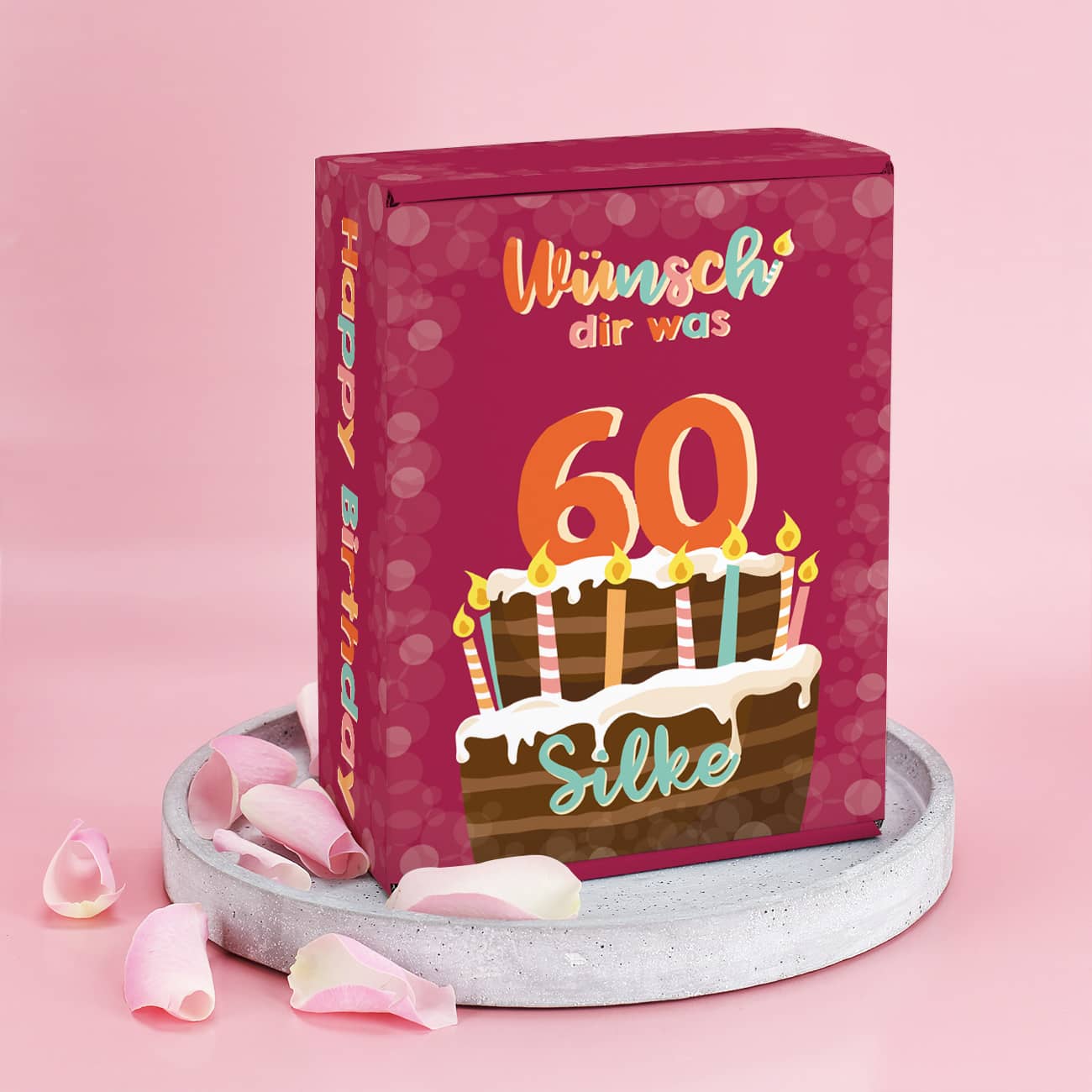 Moderne Geschenkbox mit Geburtstagstorte und Ihren Wunschangaben bestückt