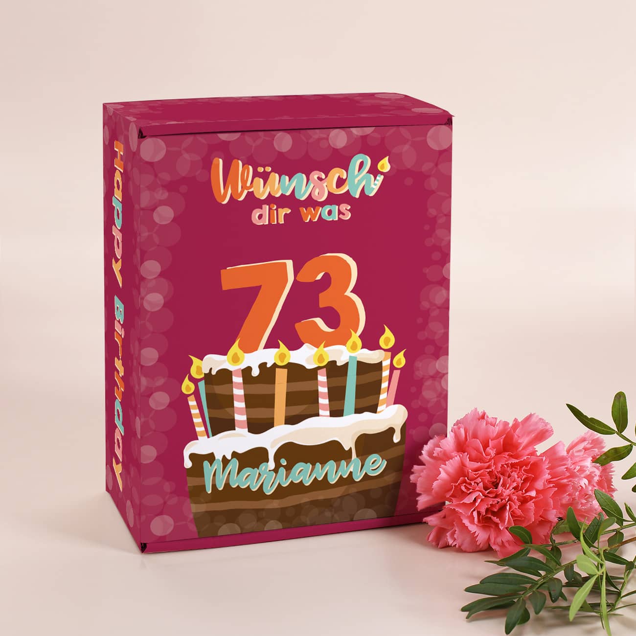 Tolle Präsentbox mit Torte, Geburtstagkerzen und Spruch "Wünsch' dir was"