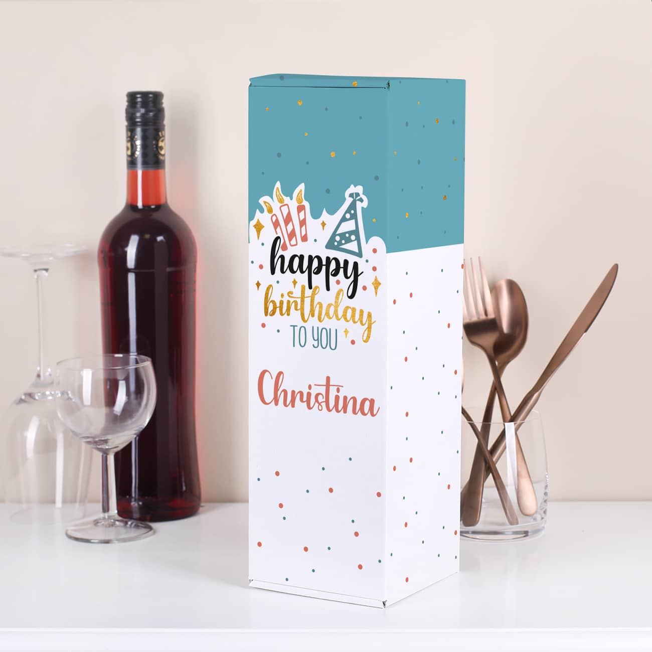 Persönliche Geschenkbox für Flaschen - Happy Birthday - mit Wunschname