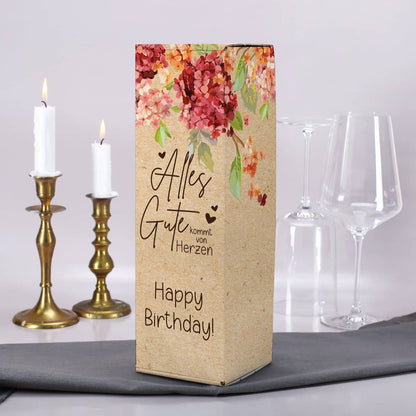 Persönliche Flaschenverpackung - Alles Gute kommt von Herzen - mit kurzen Text und hübschen Blüten bedruckt