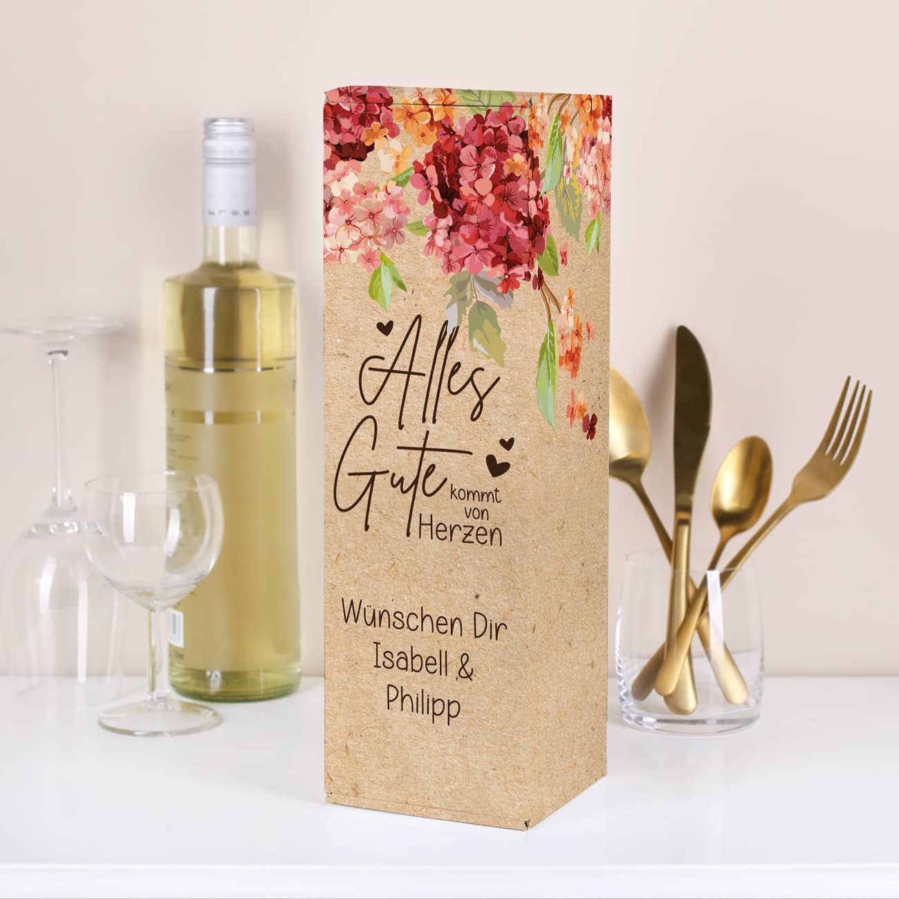 Alles Gute kommt von Herzen - Flaschenverpackung mit Ihrem Wunschtext