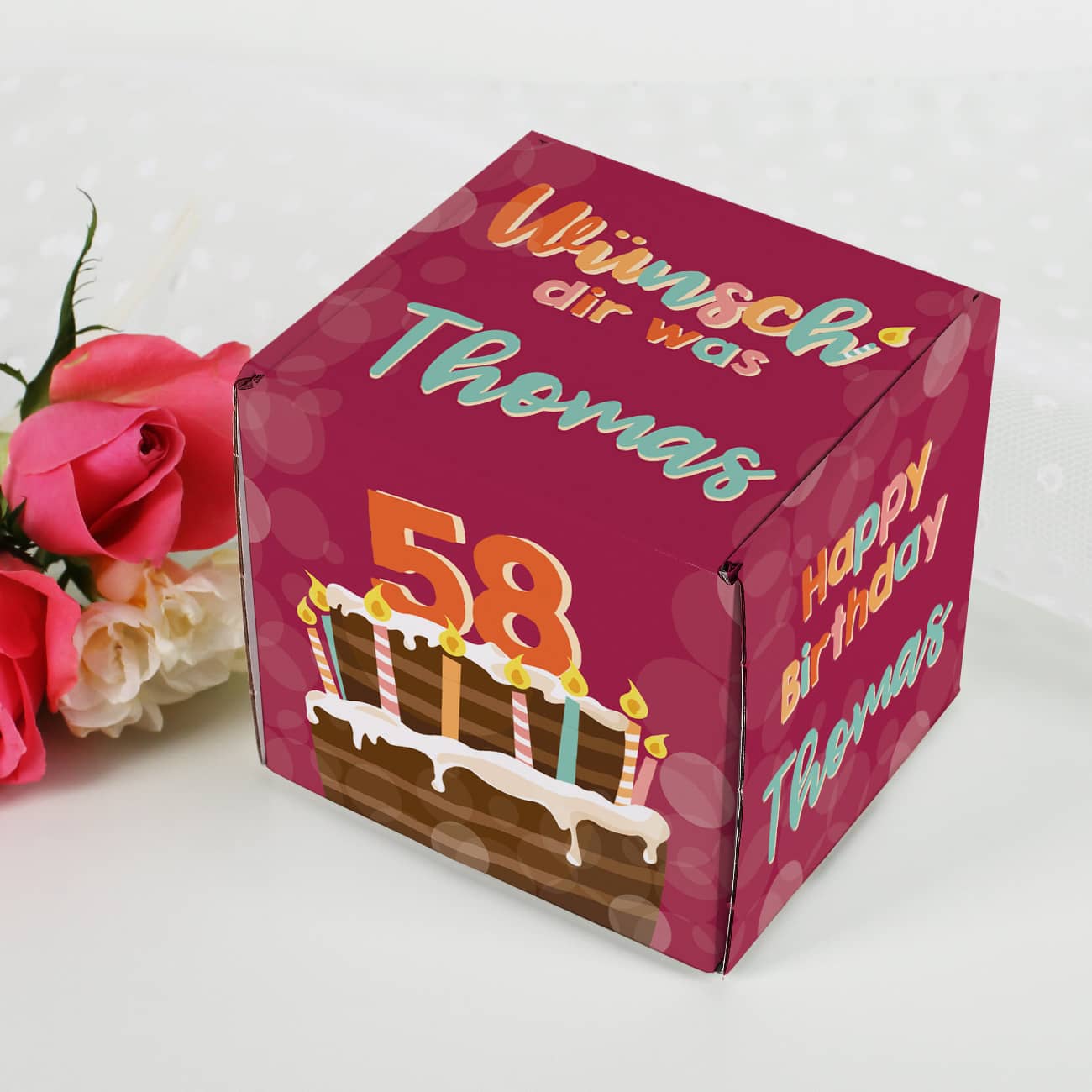 Tolle Präsentbox mit Torte, Geburtstagkerzen und Spruch "Wünsch' dir was"