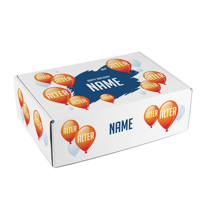 Geschenkverpackung mit Name und Alter in Luftballons