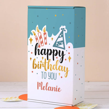 Geschenkkarton - Happy Birthday - mit Kerzen, Konfetti und Name
