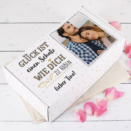 Glück ist... Geschenkbox mit Foto und Wunschtext zum Valentinstag