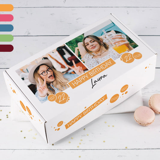 Geburtstagsgeschenk-Verpackung mit 2 Fotos & Farbauswahl