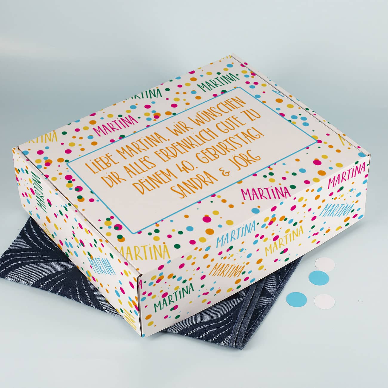 Große Geschenkbox mit Konfetti, Name und Wunschtext
