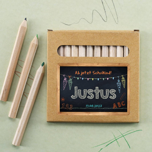 12 Mini Buntstifte zur Einschulung mit Name, Datum & Text personalisiert