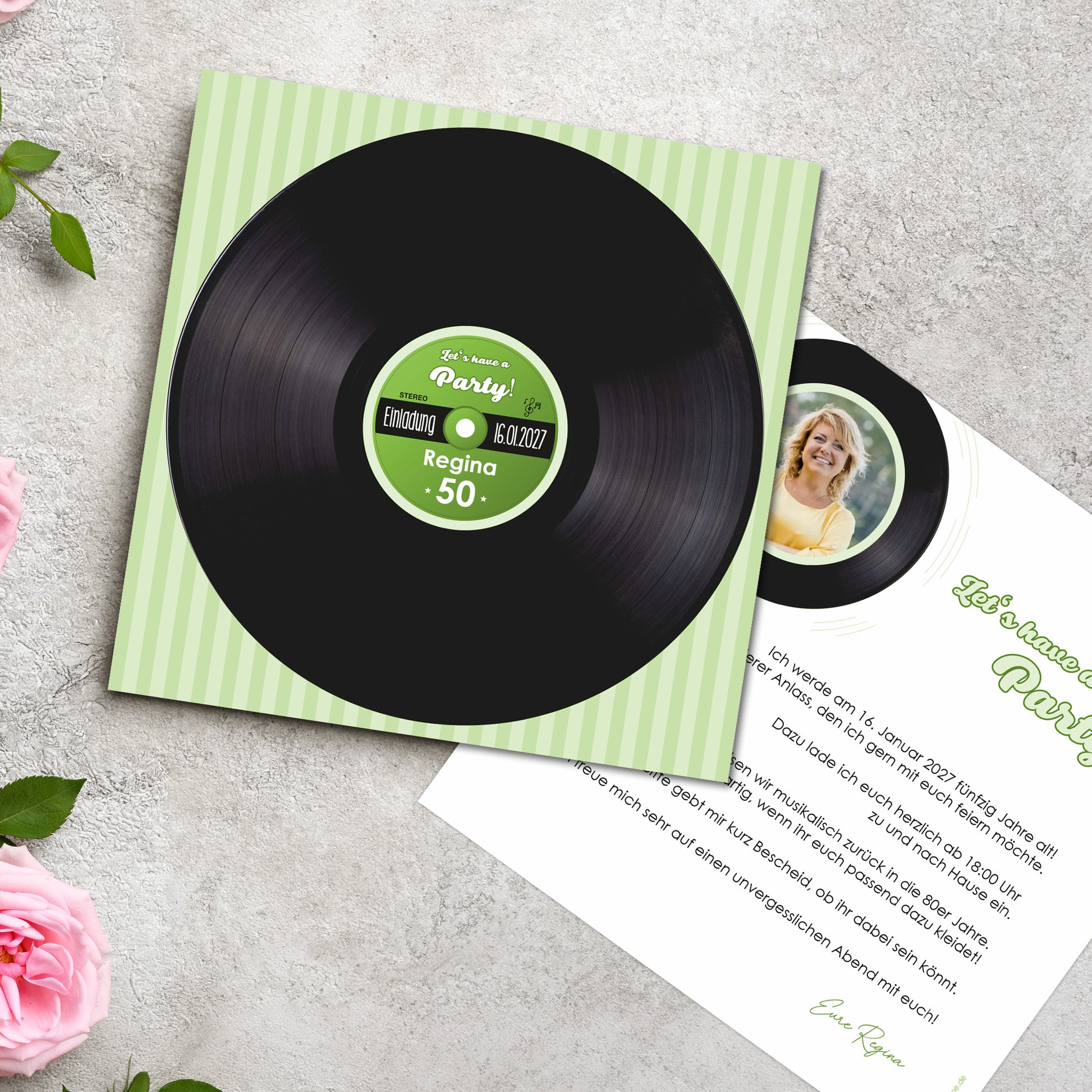 Geburtstagskarte im Retro-Schallplatten-Design mit personalisiertem Namen und Datum