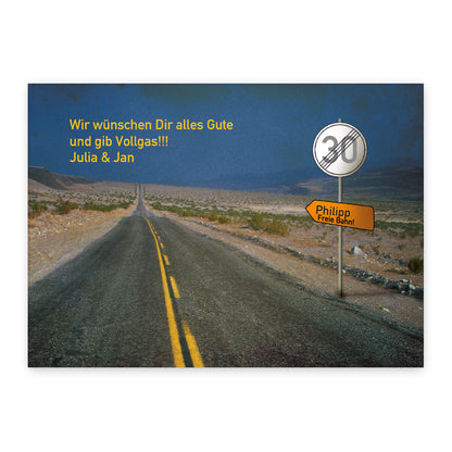 Postkarte zum Geburtstag - Vollgas - Mit Wunschname und -alter