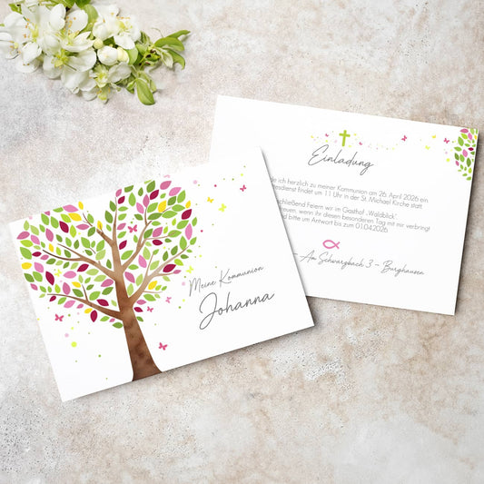 Einladungskarte - Lebensbaum rosa-violett - zur Taufe, Kommunion oder Konfirmation