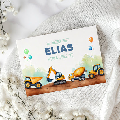 Einladungskarte zum Kindergeburtstag im Bagger und Baustellen Design mit Wunschdaten