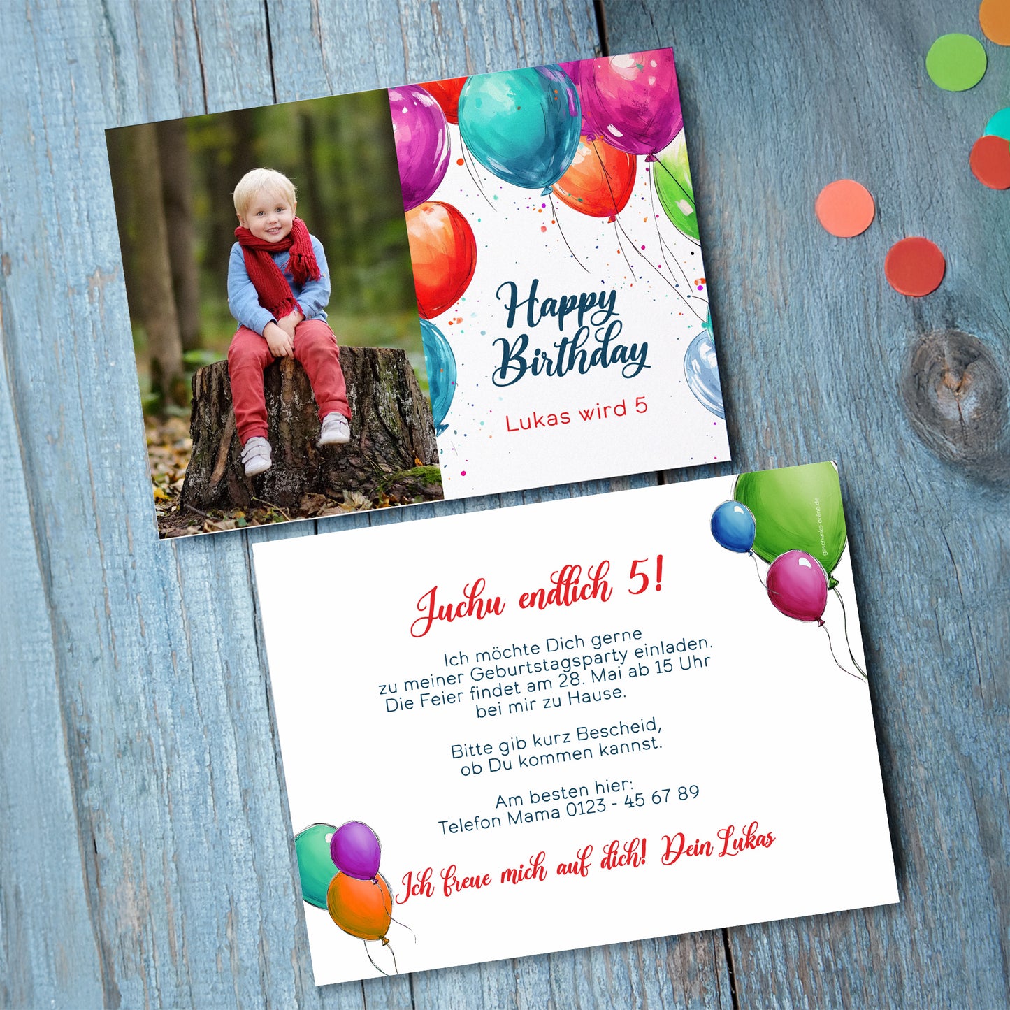 Einladungskarte zum Geburtstag mit Wunschdaten und bunten Luftballons