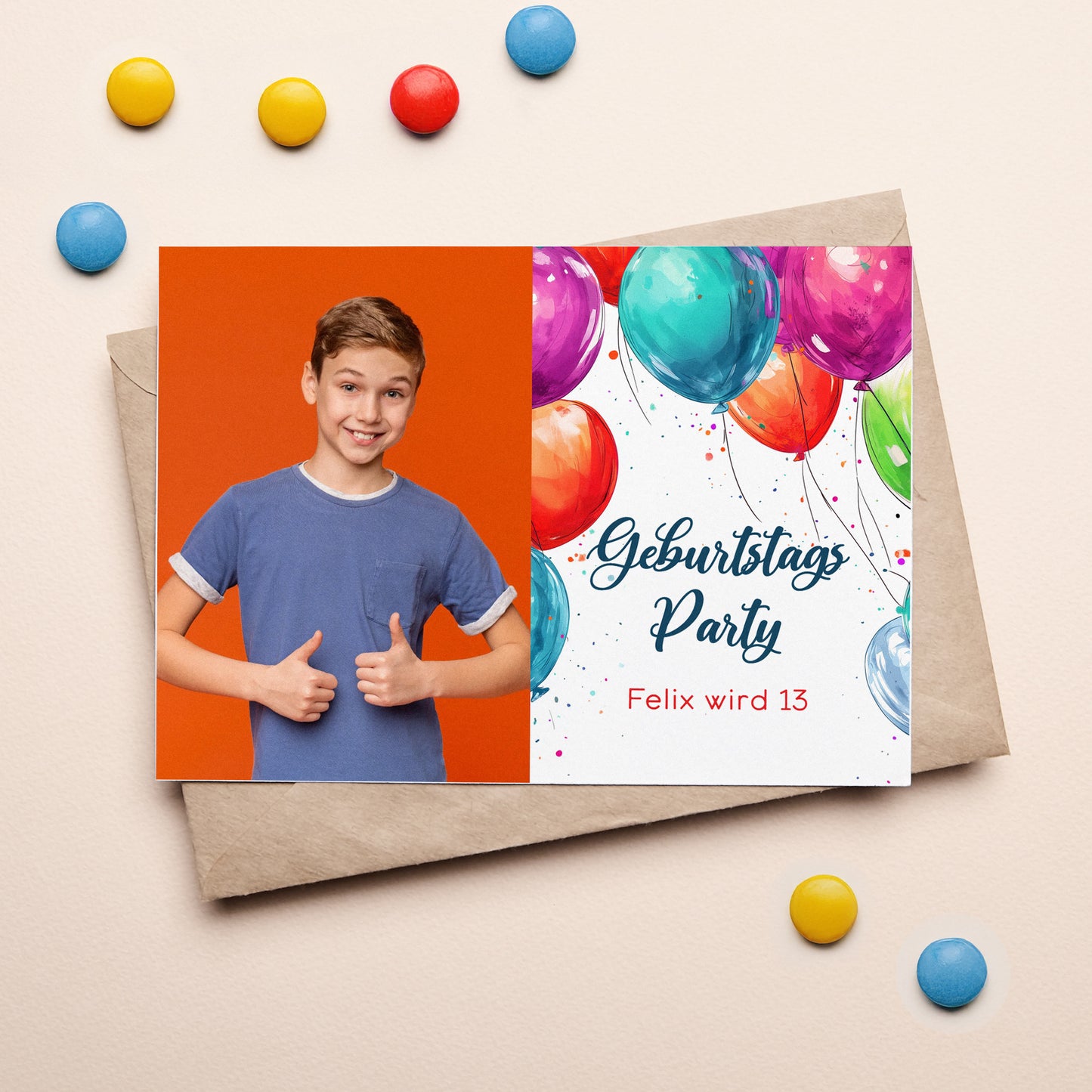 Einladungskarte zum Geburtstag mit Wunschdaten und bunten Luftballons