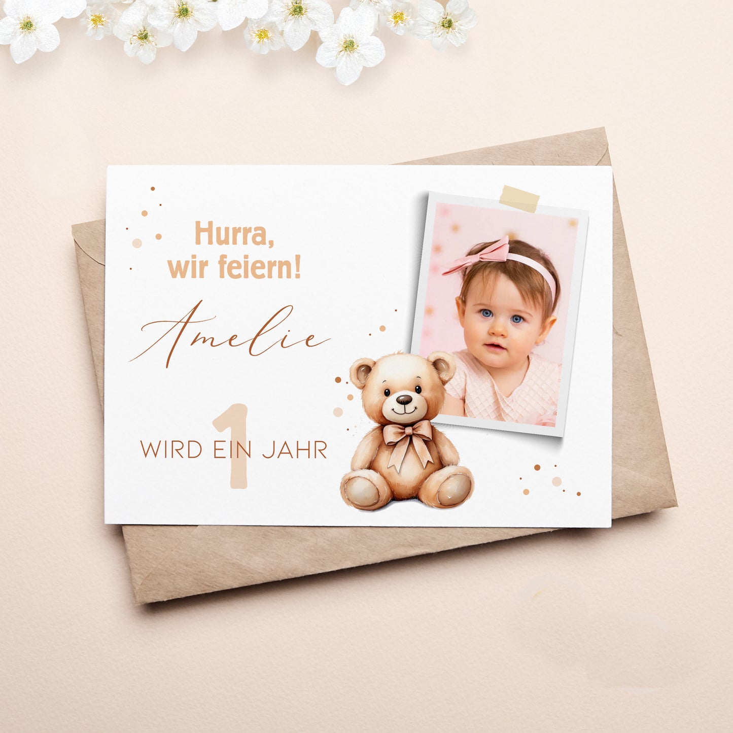 Teddybär Einladungskarte zum Kindergeburtstag mit Foto und Wunschdaten