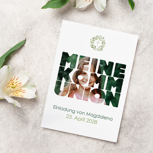 Moderne Einladungskarte zur Konfirmation mit individuellem Foto. Der Schriftzug 'Meine Konfirmation' ist mit einem Wunschbild gefüllt. Elegantes Design mit christlichem Symbol und personalisiertem Einladungstext auf hochwertigem Feinstpapier.