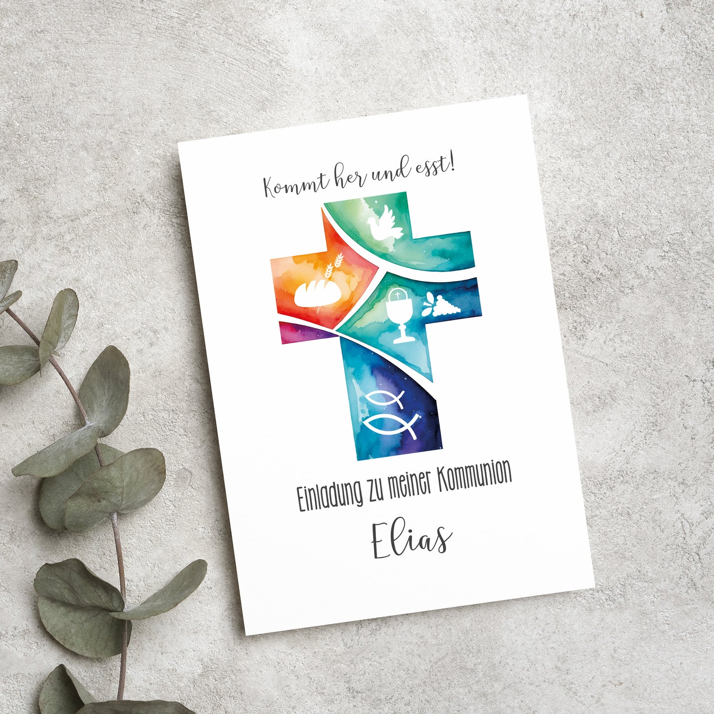 Einladungskarte zur Konfirmation & Kommunion mit Foto und Wunschdaten | Kommt her und esst!